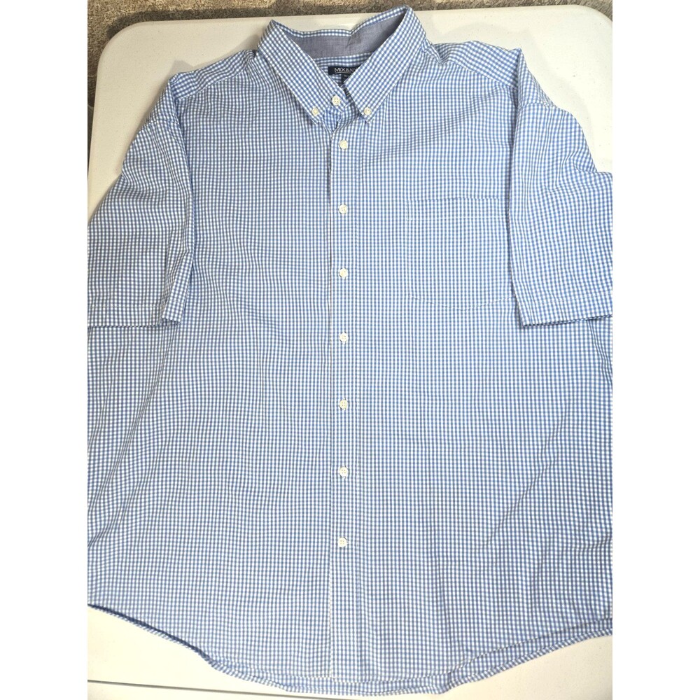 MIX & NY Men's 3XL Regular Blue White Check Woven Button-Up Shirt Short Sleeve